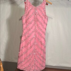 SHAIL K, pink sequin and bugle bead silk lined party dress, back zip sz6